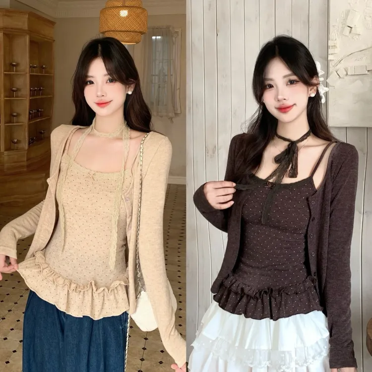 大码韩系温柔蕾丝拼接波点吊带针织开衫2025胖mm秋季新款两件套