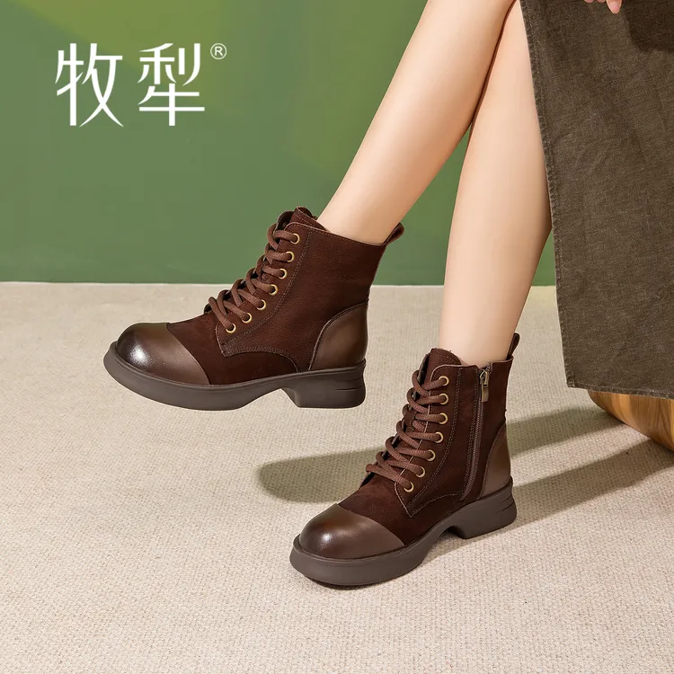 牧犁秋冬新款加绒舒适保暖低跟防滑简约气质通勤复古牛皮女马丁靴
