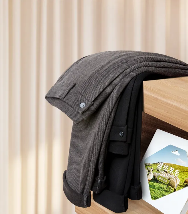 牧伦卡2207男秋冬加厚毛呢质感休闲裤弹力商务修身直筒保暖男裤子