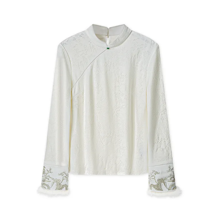 603#主播推荐质感出众！水貂毛拼接刺绣袖口小立领新中式打底上衣