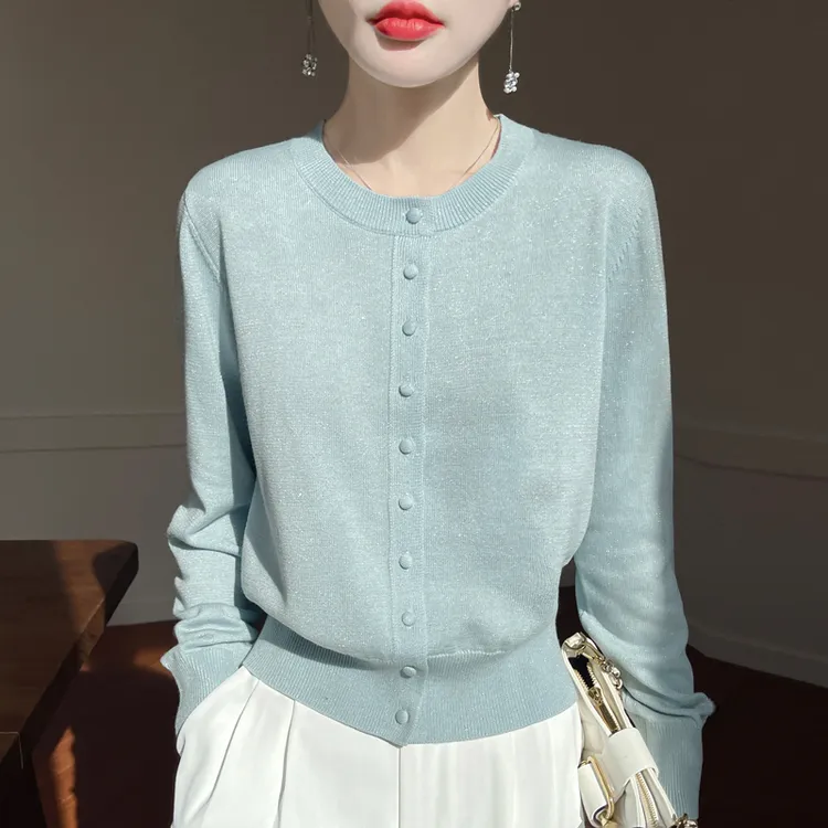 25初春新款精纺开衫女圆领简约气质收腰长袖外套毛衣针织上衣