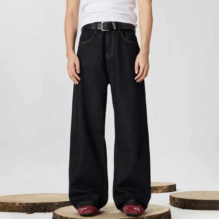 GTRG复古黑色丹宁宽松A字茶色明线莱赛尔12.8盎司原色牛仔长裤