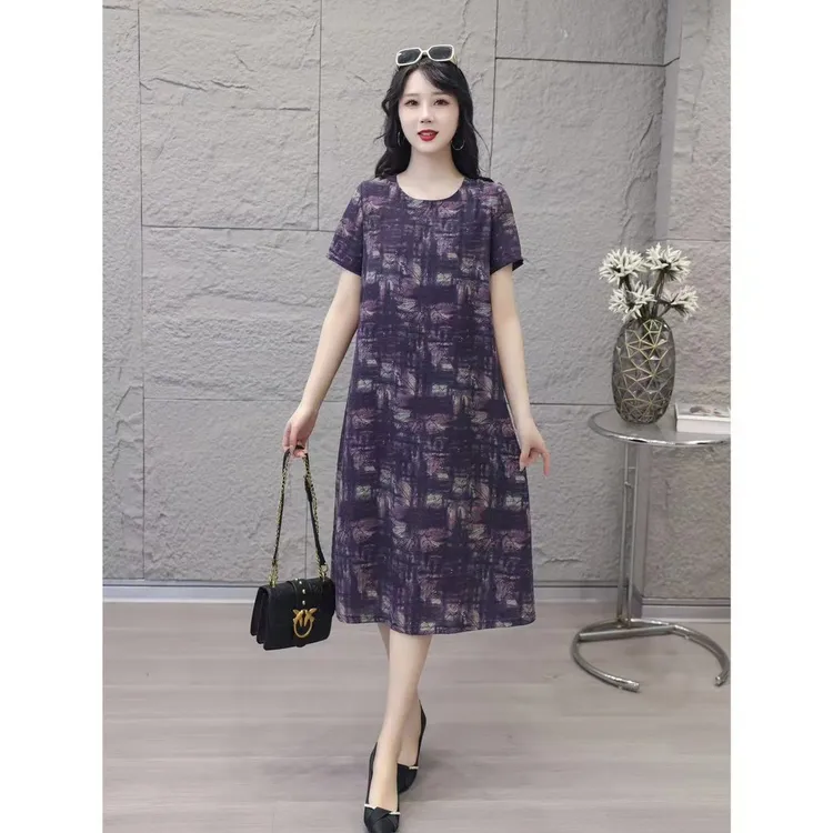 夏季新品时尚亲肤透气短袖妈妈装连衣裙