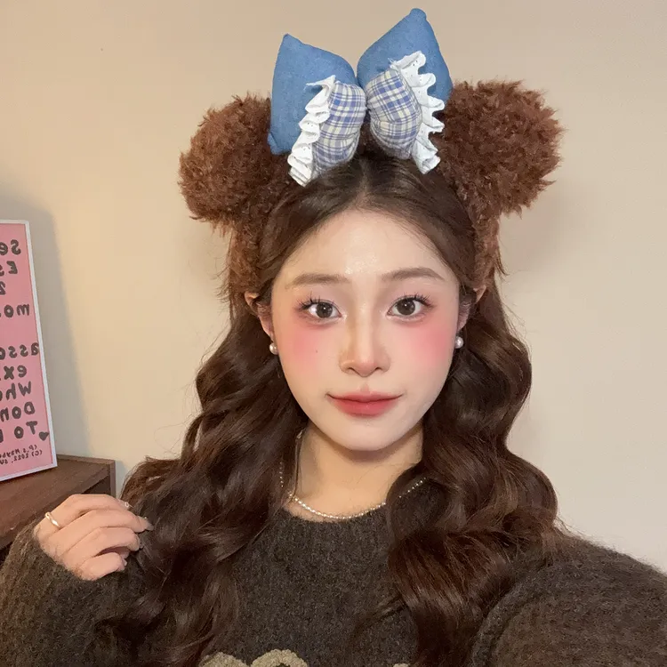可爱咖色蝴蝶结小熊耳朵发箍女款压发秋冬毛绒洗脸头箍发卡子头饰