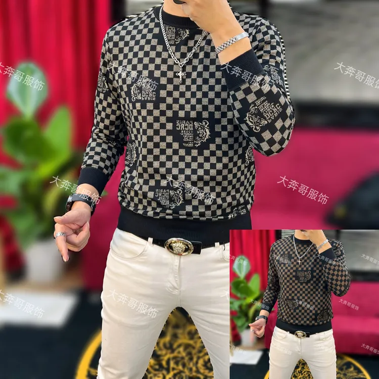 DBG秋季新款男士时尚休闲字母格子刺骨拉毛高品质潮流圆领长袖T恤