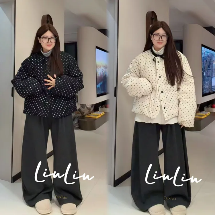 新款韩系甜美风波点加厚棉服外套高腰加绒糯米裤套装