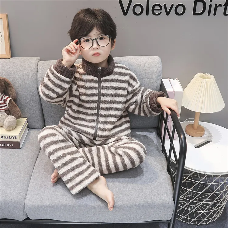 男童睡衣秋冬季儿童法兰绒2025新款男宝宝秋冬加厚条纹拉链家居服
