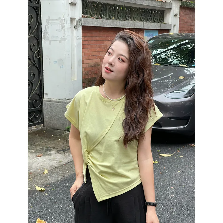 WenWen小个子圆领韩系2025夏简约不规则斜边压褶短袖T恤上衣3907