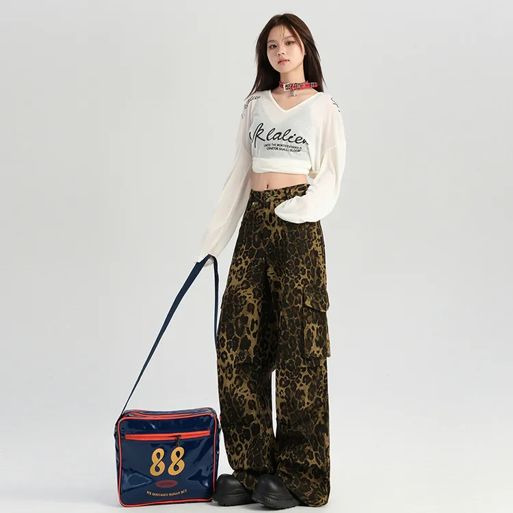 2025秋装嘻哈豹纹工装牛仔裤女年春季新款美式多口袋街头百搭阔腿
