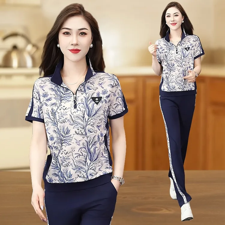 中年碎花大码百搭两件套夏季显瘦时尚女士洋气休闲服运动套装夏装