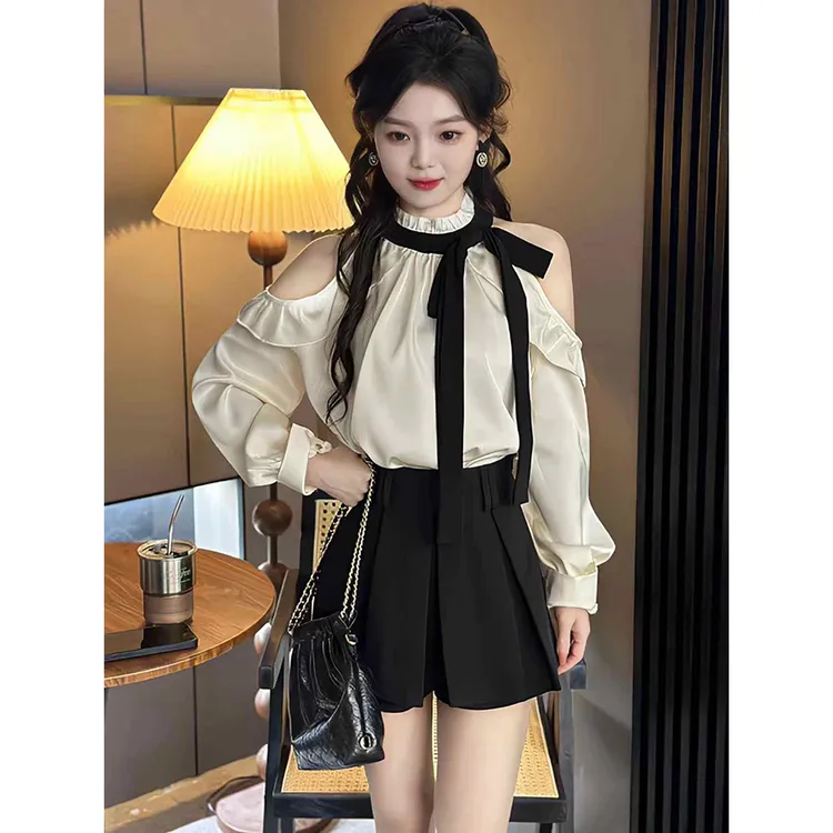 今年流行爆款洋气减龄套装裙女2025春秋新款露肩衬衫半身裙两件套