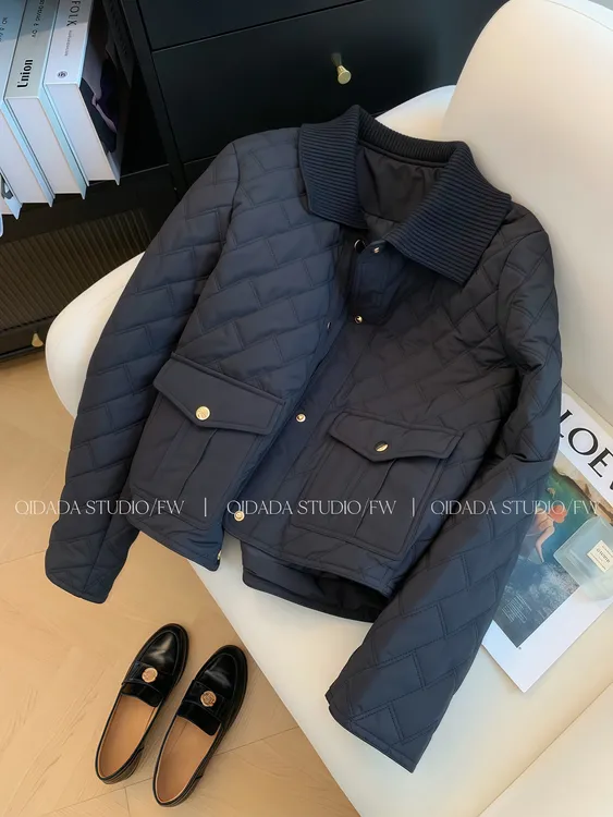 黑色polo领菱格夹棉加厚棉衣棉服女冬季2024新款宽松小众设计感