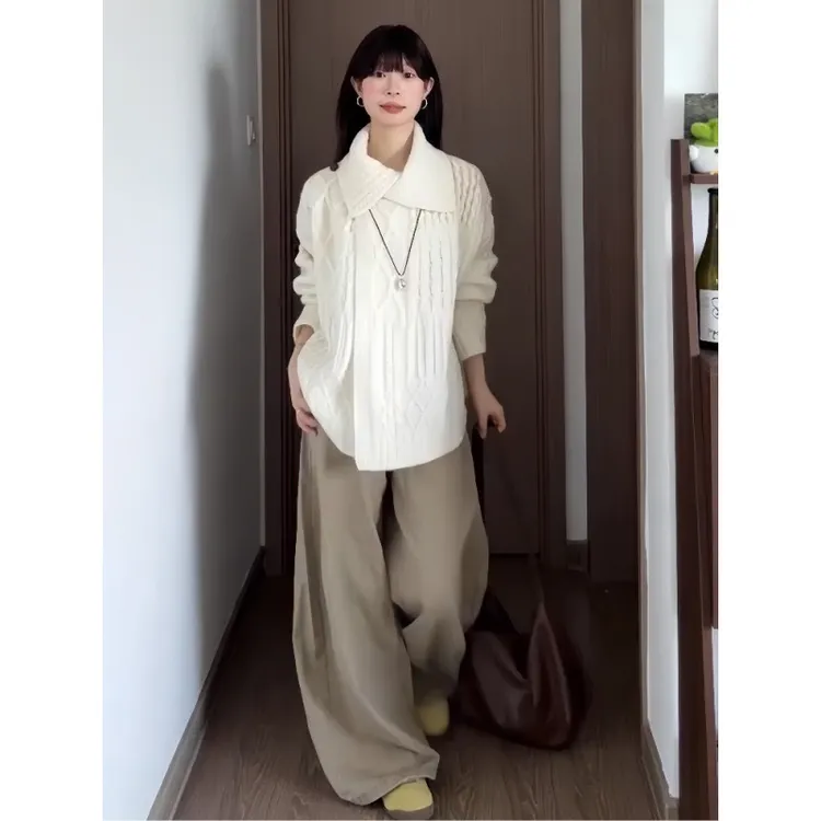 温柔风翻领麻花毛衣女2025秋冬新款设计感慵懒针织开衫外套上衣潮