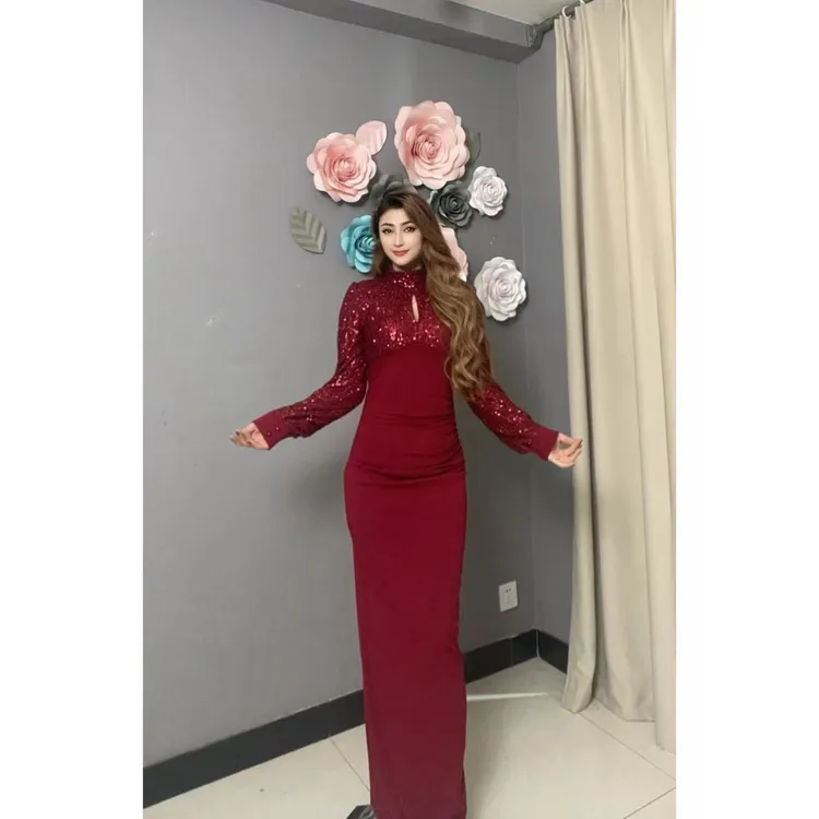 5957【包邮】亮片拼接气质显瘦长款女装连衣裙