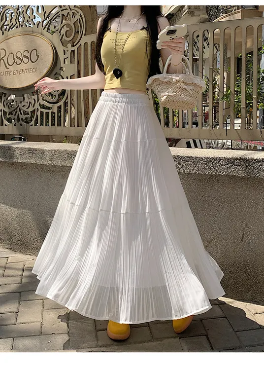 白色雪纺半身裙女夏季长款超仙a字百褶裙2025新款高腰垂感长裙子