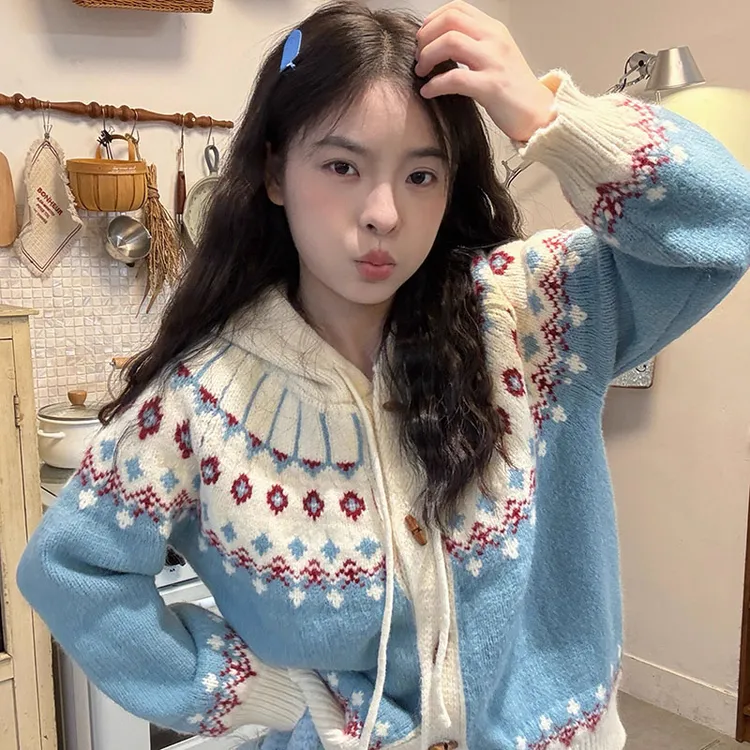 少女费尔岛连帽毛衣外套女秋季2025新款韩系复古减龄加厚针织上衣