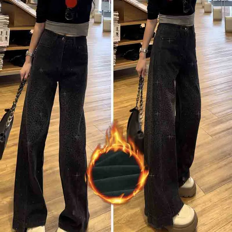 秋冬加绒加厚牛仔裤女设计感豹纹烫钻弹力显瘦显高宽松窄版直筒裤