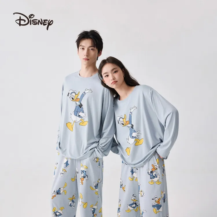 迪士尼唐老鸭莫代尔棉可外穿卡通长袖情侣睡衣家居服套装秋