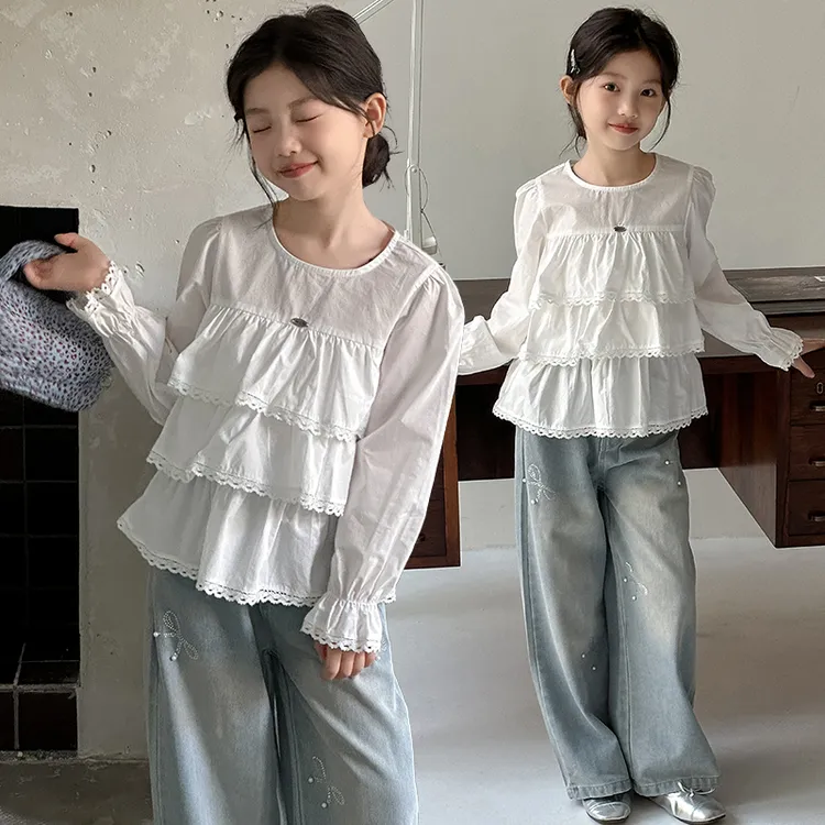 女童花边衬衫套装2025新款秋季女孩长袖上衣牛仔直筒长裤两件套潮