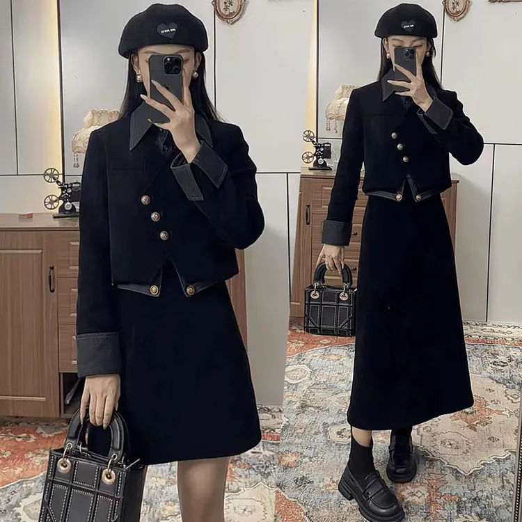 La babite时尚套装显瘦假两件外套女2025秋款高腰半身裙两件套