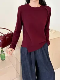 别致时髦圆领钉珠不规则开叉女秋长袖打底