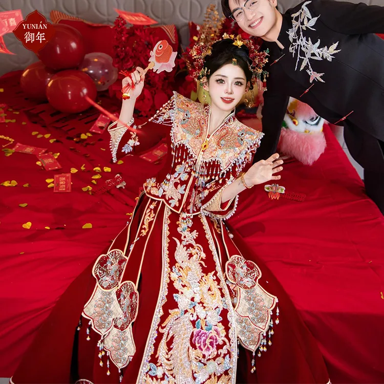 高级V领重工秋冬秀禾服新娘结婚嫁衣2025新款中式婚服敬酒服出阁