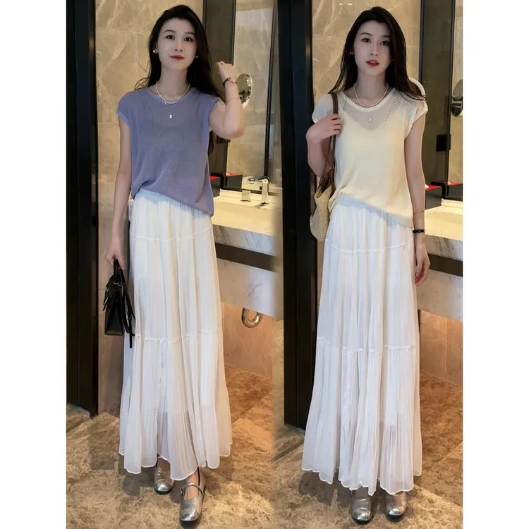 时尚套装裙女2025夏新款时髦洋气设计感冰丝针织上衣半身裙两件套