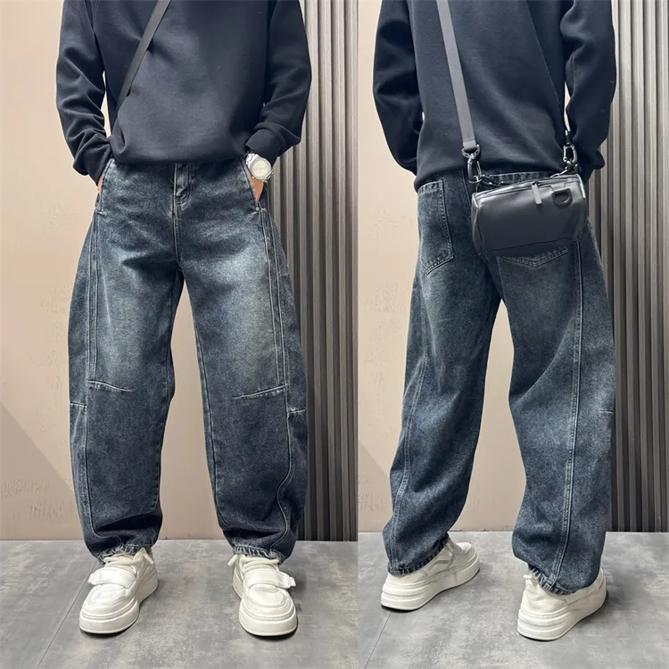 秋冬潮流宽松美式水洗弯刀牛仔裤男痞帅长裤加厚设计感阔腿牛仔裤