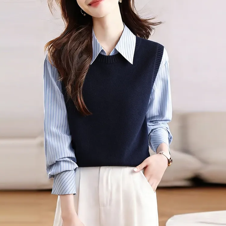 圆领针织毛衣马甲叠穿条纹衬衫套装女春秋新款休闲坎肩背心两件套