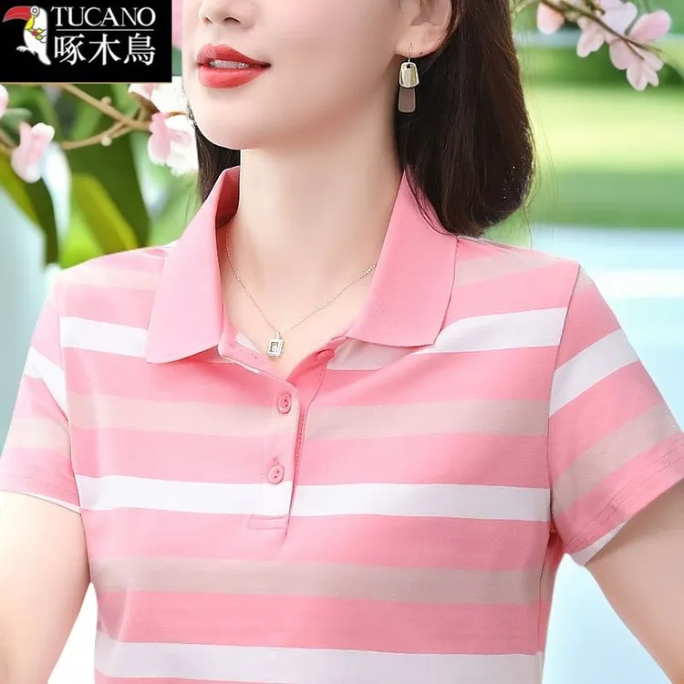 啄木鸟条纹拼色夏季翻领显瘦T恤2025年新款中年女士减龄休闲上衣