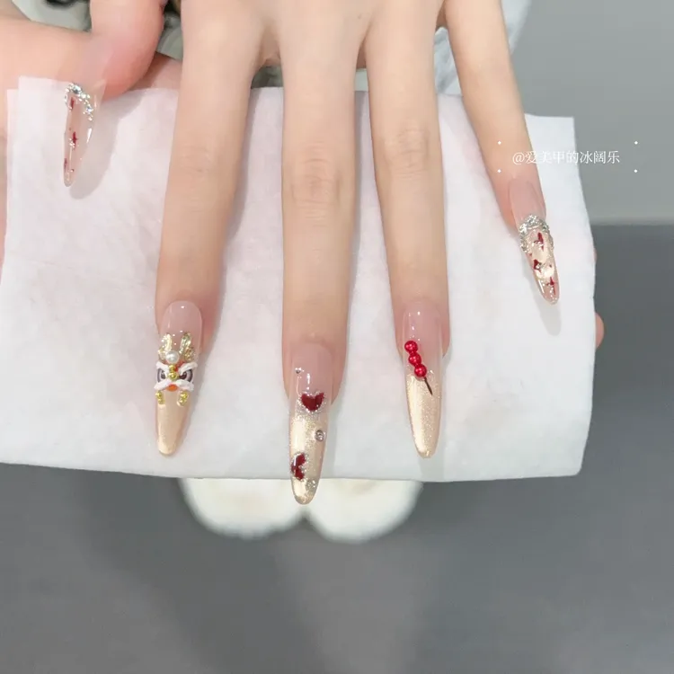 【醒狮糖葫芦】新年圣诞爆闪龙纹金粉醒狮糖葫芦显白手工穿戴甲美甲