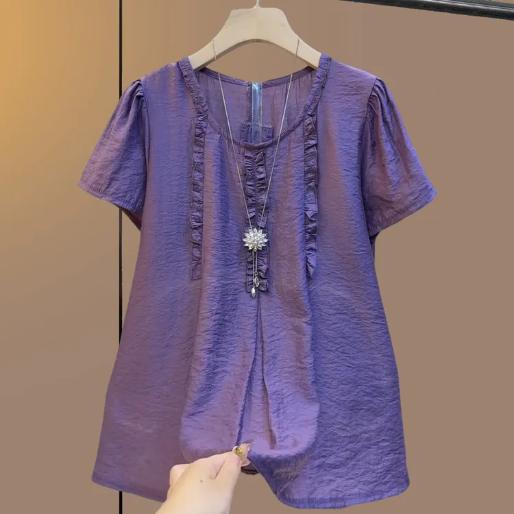 大码女装胖妹妹夏季常规款宽松型大码T恤常规圆领短袖木耳边气质