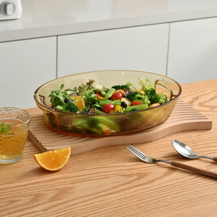 竖纹椭圆2.6L玻璃烤盘烤箱微波炉专用餐盘烤鱼盘玻璃盘烘焙盘