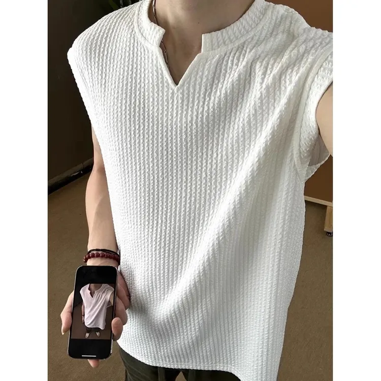 白色褶皱肌理感V领背心男夏季美式复古重磅小领口t恤潮牌坎肩汗衫