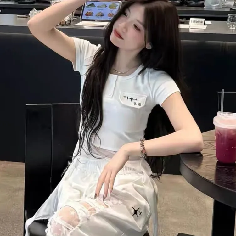 纯欲风网纱流苏短袖T恤夏季辣妹显瘦修身露脐小众时尚上衣运动