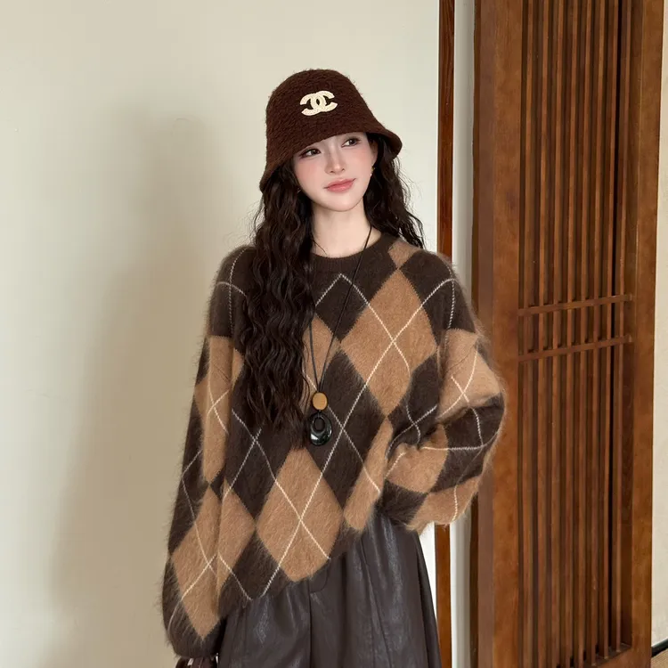 【YANYAN】咖色菱形格毛衣女秋季宽松显瘦圆领长袖针织衫上衣8858
