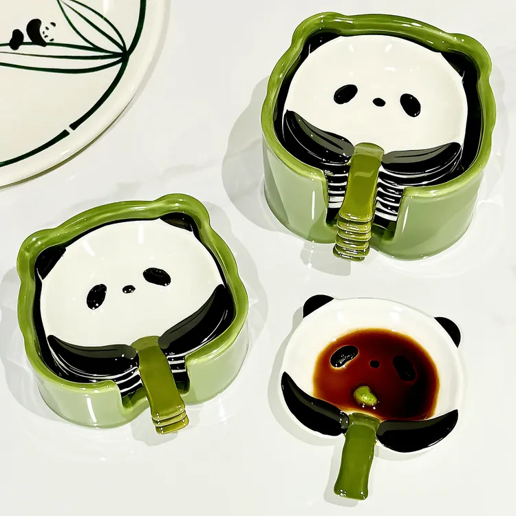 可爱熊猫调味碟套装家用创意陶瓷小菜碟蘸料碟小碟子酱油碟蘸酱碟
