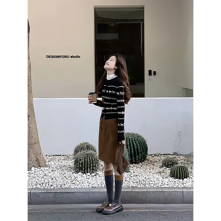 费尔岛冰岛花色短款休闲针织毛衣开衫上衣复古时尚百搭显瘦半身裙