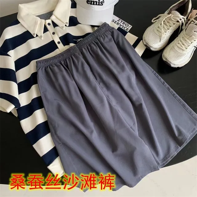桑蚕丝男沙滩裤五分短裤净色素色夏季休闲裤宽松大码膝盖有调节绳