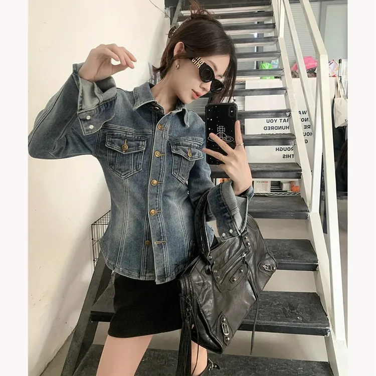 复古做旧蓝色牛仔短外套女春季2025年新款百搭高级感修身衬衫上衣