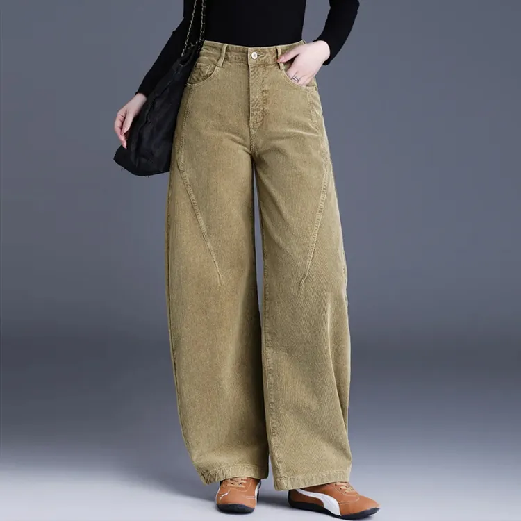 老钱风复古卡其色灯芯绒休闲裤女秋冬加绒显瘦阔腿裤小个子弯刀裤