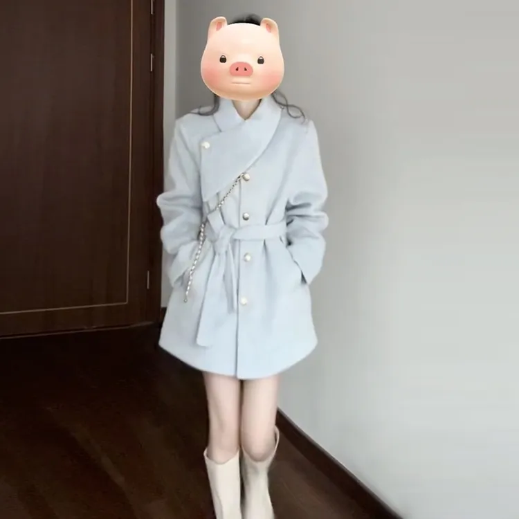 蓝色毛呢外套韩系miu系高级感穿搭冬季加厚收腰呢子大衣7462