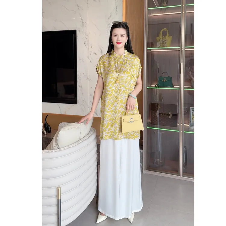 2025夏季新品新中式印花旗袍盘扣上衣阔腿裤子叠穿两件套