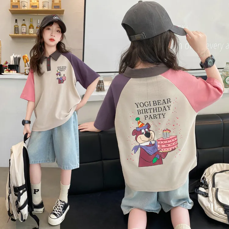 女童POLO衫短袖T恤牛仔裤套装2025夏装洋气6-12岁15中大儿童休闲