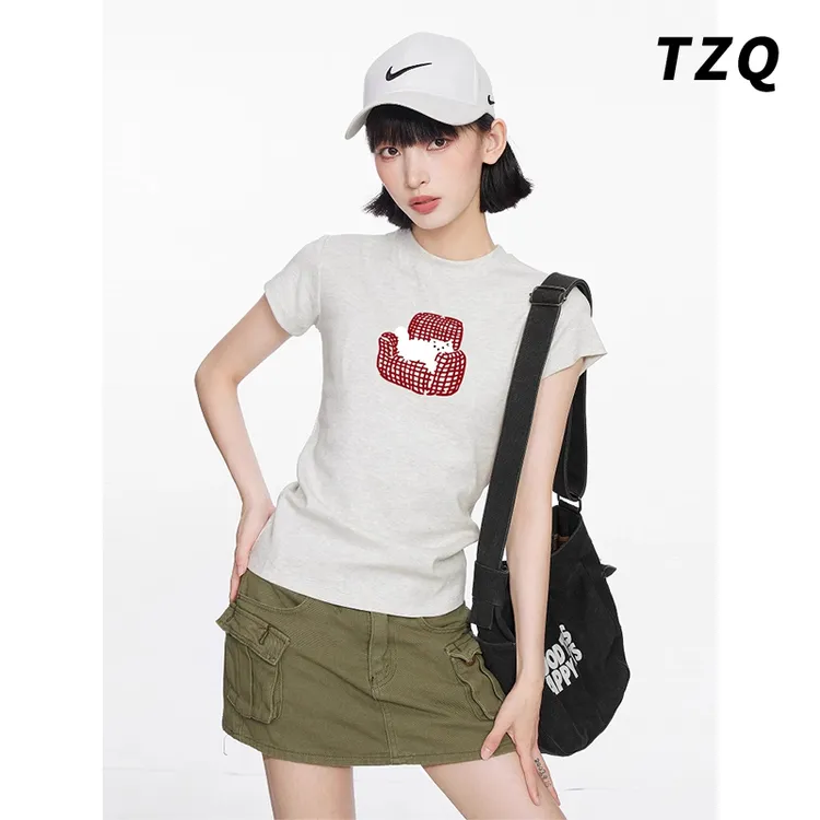 美式圆领正肩短袖t恤女夏季新款修身显瘦纯棉短款上衣TZQ2542405
