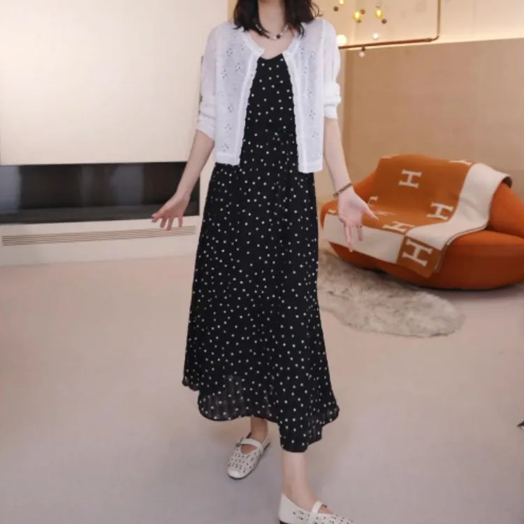 时尚轻奢高级感套装女2025春秋新款显瘦针织开衫波点连衣裙两件套