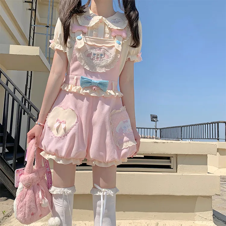 原创  粉糖奶芙  大耳狗少女可爱Lolita背带裤