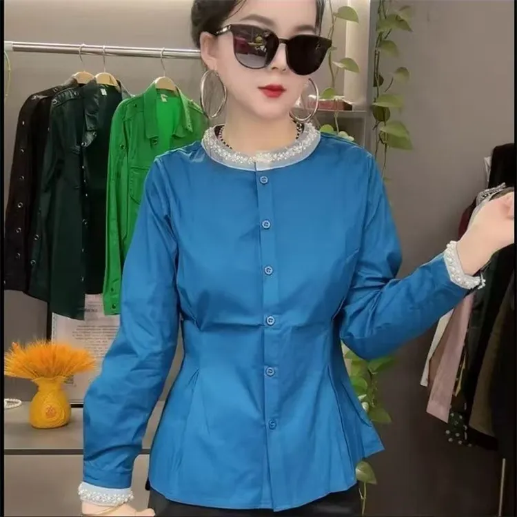 时尚洋气衬衫女收腰圆领秋季6911新款气质衬衣修身显瘦上衣女百搭