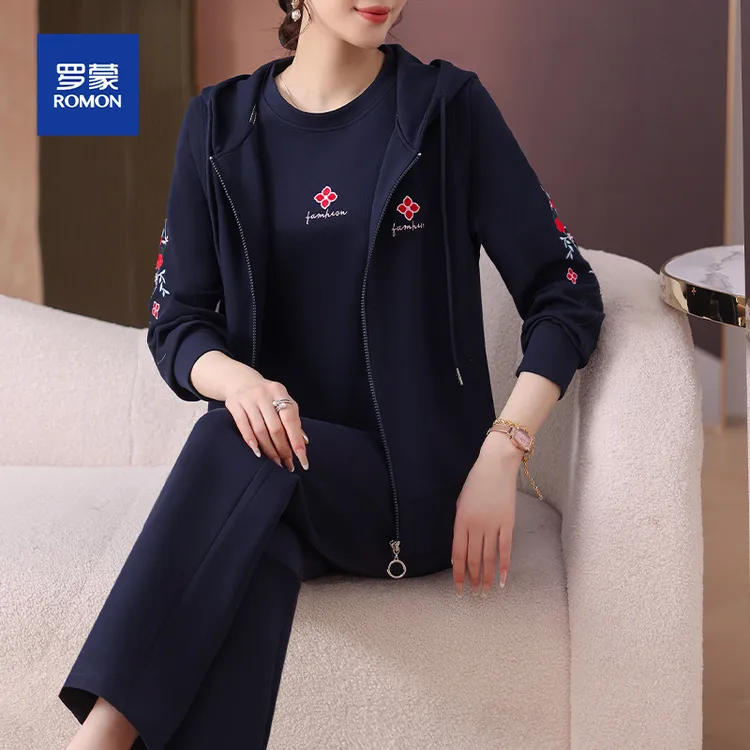 罗蒙中老年妈妈装秋装三件套马甲款时尚宽松连帽套装2025新款