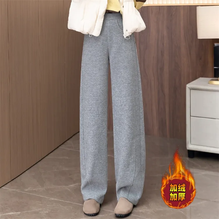拉夏贝尔爆款弯刀裤女秋冬季2025加绒加厚软糯显瘦休闲保暖阔腿裤